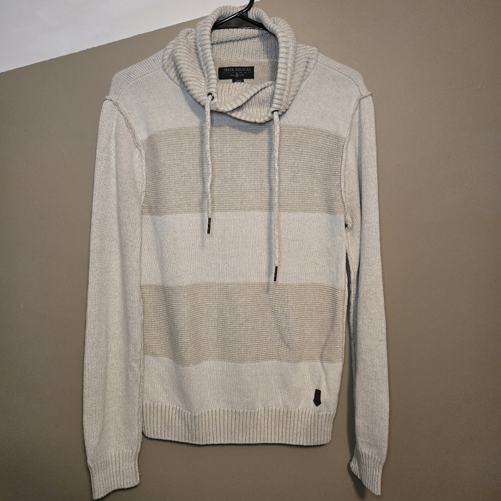 Trash Nouveau Mens Pullover Funnel Neck Knit Sweater Cream Size Small Drawstring